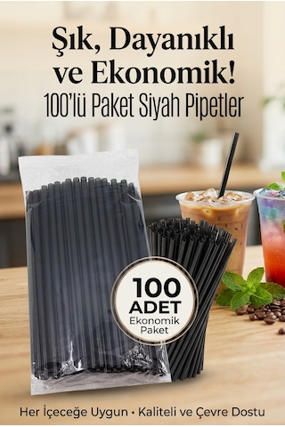 Uzun Kokteyl Pipeti 100'lü 23 Cm Kıl Pipet Siyah Ince Kokteyl Pipeti Kıl Pipet Amerikan Kokteyl Pipet