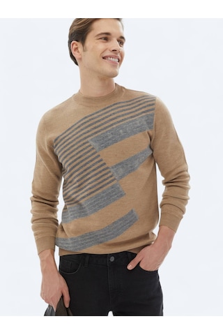 Deve Tüyü Bisiklet Yaka Desenli Yün Karışımlı Triko Kazak Bej