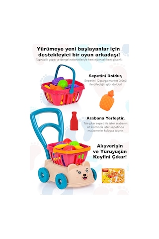 14 Parça Market Sepetli Yürüme Arkadaşı - İlk Adım Arabası Meyve Sebze Atıştırmalık Alışveriş Sepeti