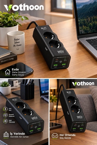Akım Korumalı Priz 2 Ac Soket 2 Usb-a 2 Usb-c 35w Hızlı Şarj 1050j Koruma 2 Mt Kablo 2200w 1