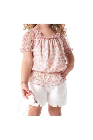 Çiçekli Bluzlu Kız Çocuk Şortlu Takım Krem