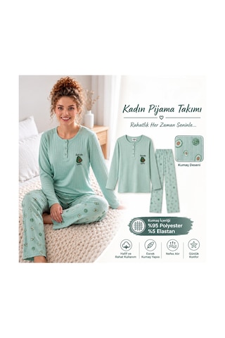 Boyraz Lindros Kadın Düğme Yaka Raporlu İnterlok Kışlık Pijama Takımı 02796 - 1 Adet Yeşil