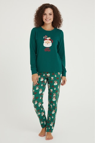 Luxury Thermal Noel Baba Desenli Kadın Polar Kışlık Pijama Takımı 42060 Yeşil