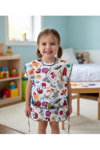 Yorni 3-6 Yaş Zoo Kısa Kollu Sıvı Geçirmez Çocuk Önlük Makinede Yıkanabilir, Boya, Oyun Ve Yemek Zamanı Beyaz
