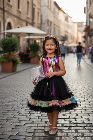 Dide Kids Kız Çocuk Siyah Payetli Renkli Tüllü Abiye Elbise