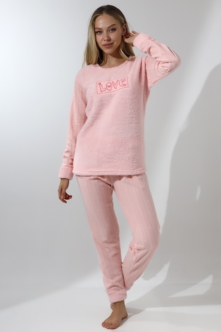 Wordex Fawn 5019 Peluş Welsoft Polar Kışlık Yumoş Kadın Pijama Takımı Love Pembe Toz Pembe