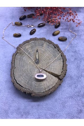 Kaplan Gözü Taşı Gümüş Kolye 925 Ayar Doğal Taş