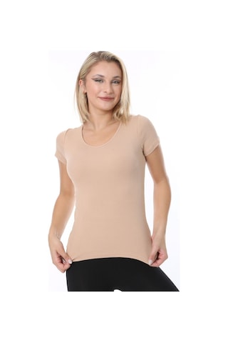Rooted-kadın Basic V Yaka T-shirt ,fitilli Kaşkorse Kumaş Bluz Bej