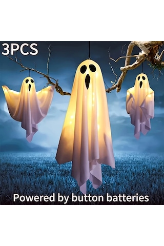 Elmpaly 3 Adet Beyaz Hayalet Led Askılık Cadılar Bayramı Dekorasyonu Bahçe Kapı Ağaç Süsü Ayarlanabilir Işık Kolu Dıy Hediyelik Altın