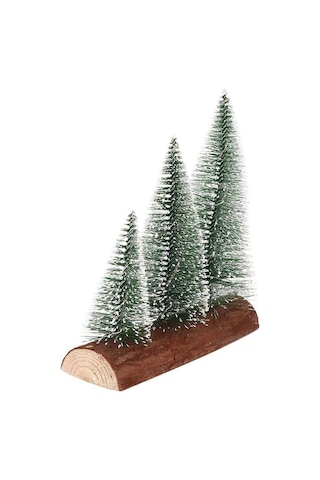 Meşe Kütük Üzerinde Çam Ağaçları 3 Lü Set Nevada Mini Çam Ağaçları Yılbaşı Hediyesi 16-12-10 Cm Çam Ağaçları 16 CM