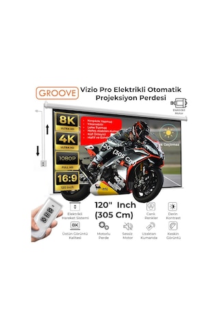 Groove Vizio Pro 120 Inch Blackout Işık Geçirmez Elektrikli Otomatik Kumandalı Projeksiyon Perdesi 265x150cm +motorlu+canlı Renkler+göz Koruması+leke Tutmaz Projector