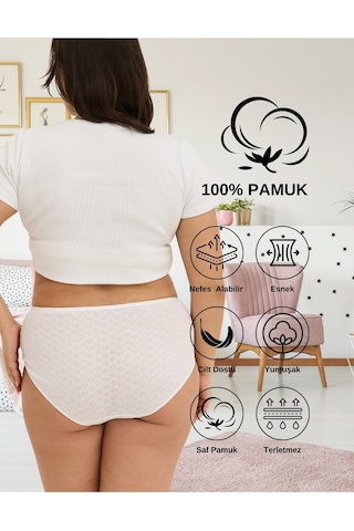 Alya Underwear %100 Pamuk Kumaşlı, Büyük Beden Yüksek Bel Kalp Desenli Ribana Jakar Kadın Külot Beyaz