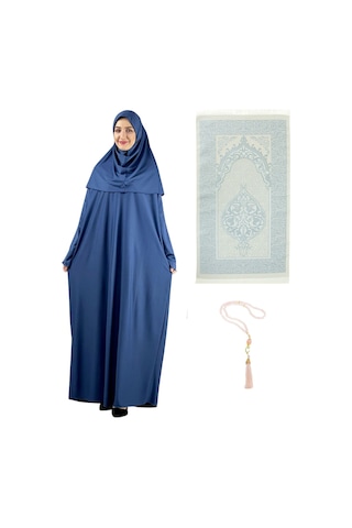 Namaz Elbisesi Eşarp Seccade Tesbih Set, İslami Giyim Takım Ferace Turban Şal İndigo
