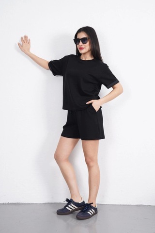 Sensuelle Osy Modal Yumuşak Dokulu Kumaş Bisiklet Yaka T-shirt Kısa Şort İkili Takım - Siyah SIYAH