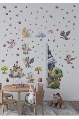Bebek Ejderhalar Boy Ölçerli Duvar Sticker Seti - Mat, Sökülebilir, Çocuk Odası Dekoru 01