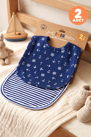 Just Inner Erkek Bebek 2'li Pamuklu Önlük Denizci Ve Çizgili Desenli Çıtçıtlı Çift Katlı Cilt Dostu 584303 Mavi