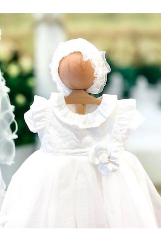 Cantoy Kız Bebek Şapka Detaylı Çiçekli Abiye Elbise-15305 Beyaz