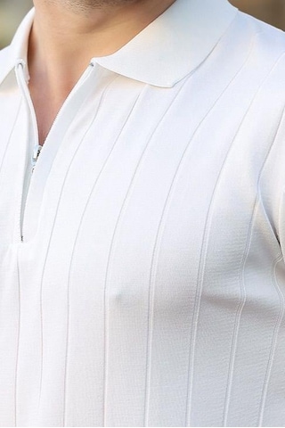 Madmext Madmext Beyaz Polo Yaka Fermuarlı Erkek T-shirt E7298 Beyaz