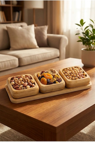 Makri Home Bambu 3'lü Çerezlik & Kuruyemiş Sunum Seti Kare Tepsili, Doğal Ahşap Servis Kasesi Bambu
