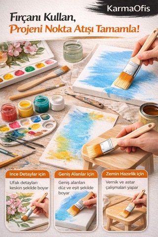 Ekonomik Set Fırça 3 Lü Düz Uçlu Ahşap Sap, Akrilik & Guaj Boya Uyumlu