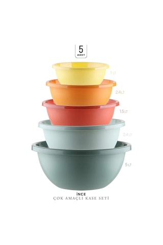 Kitchen Life 5'li Çok Amaçlı Neo Aura Yuvarlak Karıştırma Kasesi - 30+25+22+19+16,5cm 5 Boy Badya Saklama Kabı