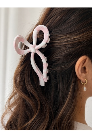 Fugo 2'li Büyük Boy Fiyonk Toka Seti Kalın Plastik Saç Mandal Tokası Pembe & Krem Desenli Pembe - Beyaz