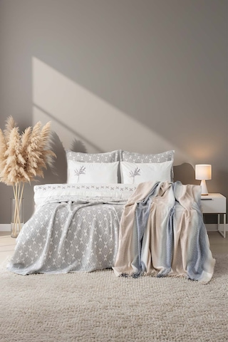 Mode Gri Nakışlı Çift Kişilik Nevresimli Battaniye Seti - 8 Parça Çeyiz Seti Gri