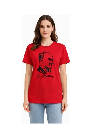 Tarzyeri Kadın Atatürk Baskılı Tişört Kısa Kollu Bisiklet Yaka T-shirt - Kırmızı Çok Renkli