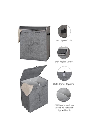 Keçe 2 Gözlü Çamaşır Sepeti Gri 53x33x60cm-25lt Katlanır Çamaşır Selesi-su Kovası-maşrapa 4'lü Set Gri