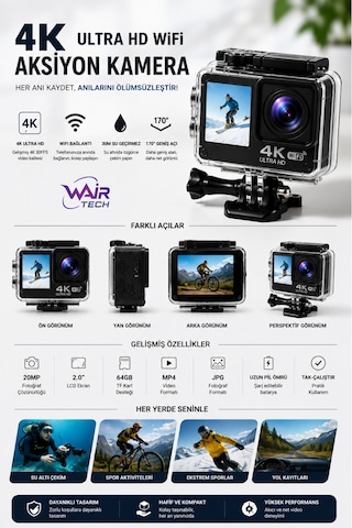 4k Ultra Hd Wifi Aksiyon Kamera Çift Ekranlı 30m Su Geçirmez Uzaktan Kumandalı Siyah