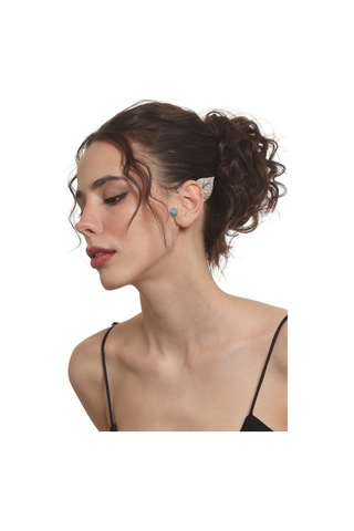 Kadın Gümüş Renk Lak Kaplama Taşlı Dokulu Yaprak Stilizesi Sol Kulak Earcuff & Kıkırdak Küpe Çok Renkli