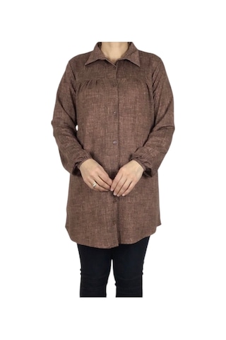 Mevsimlik Kolları Lastikli Boydan Düğmeli Gömlek Bej