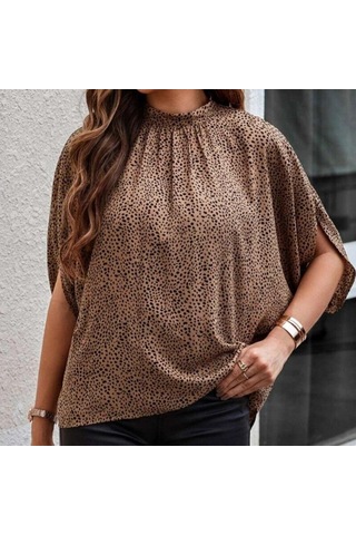 Yaz Dantel-up Leopar Baskı Batwing Kısa Kollu Bluz Zarif Gevşek Rahat Standı Yaka Gömlek Moda Şık Üstleri Kadın 25320 Siyah