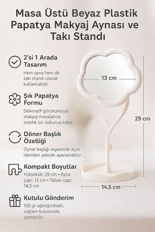 Chavin CİN889BY Masa Üstü Ay Çiçeği Tasarım Plastik Takı Stant Masa Aynası Krem Beyaz