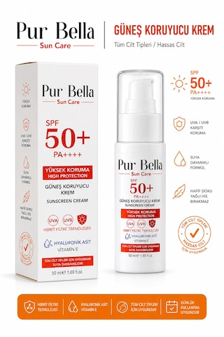 Pur Bella Güneş Kremi Spf+ 50 Leke Karşıtı Nemlendirici Aydınlatıcı Yüksek Koruma E Vitamini 50 Ml