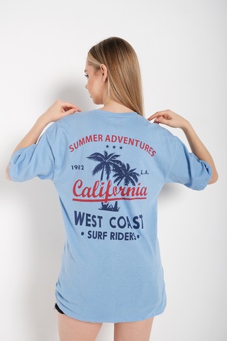 Flood Of Style Kadın Bebe Mavisi Oversize California Baskılı T-shirt Mavi