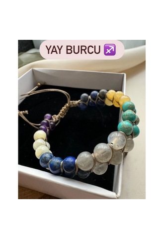 Sertifikalı Yay Burcu Çift Sıra Makrome Doğal Taş Bileklik Çok Renkli