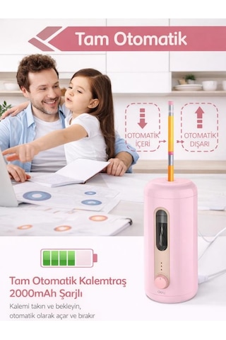 Va10 Pembe Şarjlı Otomatik Elektrikli Kalemtıraş 2000mah 5 Kademe Uç Ayarlı, 6.9-12mm Jumbo Uyumlu, Type-c, Geniş Hazneli