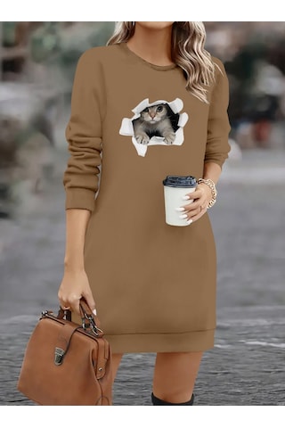 S-pazarım Kadın Uzun Kollu Bisiklet Yaka Kısa Viskon Iki Iplik Elbise Bej