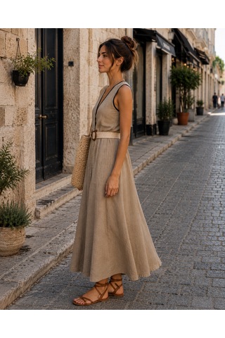 Eren Style İtalyan Belden Dolamalı Anvelop Keten Elbise Boyu:126 Cm'dir. Camel