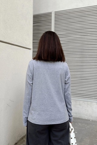 WeShaya Kadın Gri Polo Yaka Basic Bluz, Uzun Kol, Regular Kesim, Günlük Ve Spor Kaliteli Kumaş Sweatshirt Gri