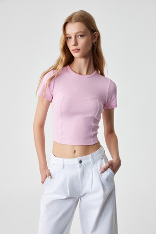 ETHIQUET CERAEN Kadın Slim Kısa Kol Bisiklet Yaka Pembe T-Shirt