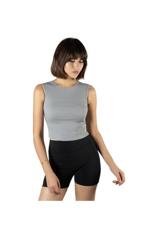 Terapi Men Gri Fitted/vücuda Oturan Crop Halter Yaka Fitilli Esnek Örme Bluz Atlet Gri
