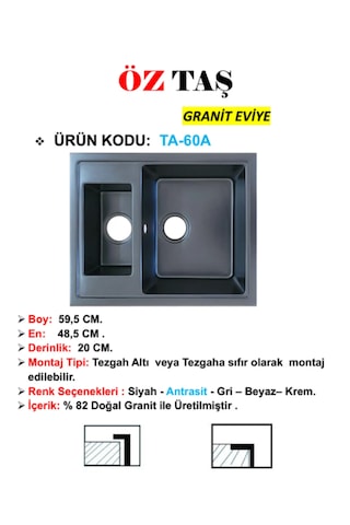 Öztaş TA-60a Granit Mutfak Eviye Antrasit Tek Gözlü 485 x 595 MM