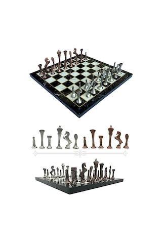 Mc54 - Metal Satranç Takımı - 25cm Mermer Desenli Satranç Tahtası - Sertifikalı Antik Metal Taşlar