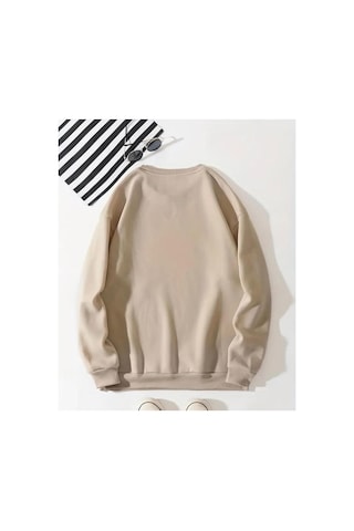 Herkesemoda Çiçekler Baskılıı Bisiklet Yaka İçi Polarlı Sweatshirt Beyaz