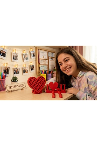 Özel Tasarım Eklemli I Love You Masa Üstü Biblo Ve Dekoratif Örgü Kalp Kutu Seti Kırmızı