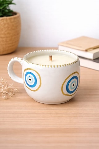 El Yapımı Fincan Mum - Vanilya Aromalı Mumluk 7.5x8 Cm Cogo Ceramic Açık Gri