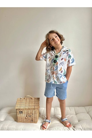 Miniko Kids Erkek Çocuk Yaprak Desenli Muslin Şortlu Gömlekli Pamuk Takım Ekru