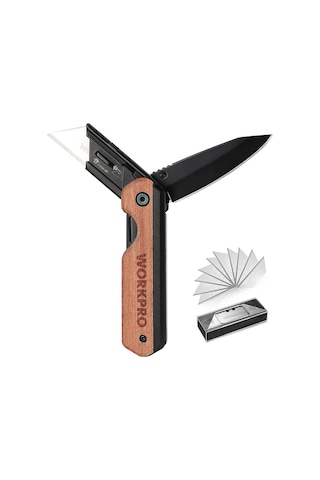 Workpro Wp211015 2-ın-1 Ahşap Saplı Profesyonel Cep Çakısı & Katlanır Rötuş Maket Bıçağı + 11 Adet Yedek Bıçak